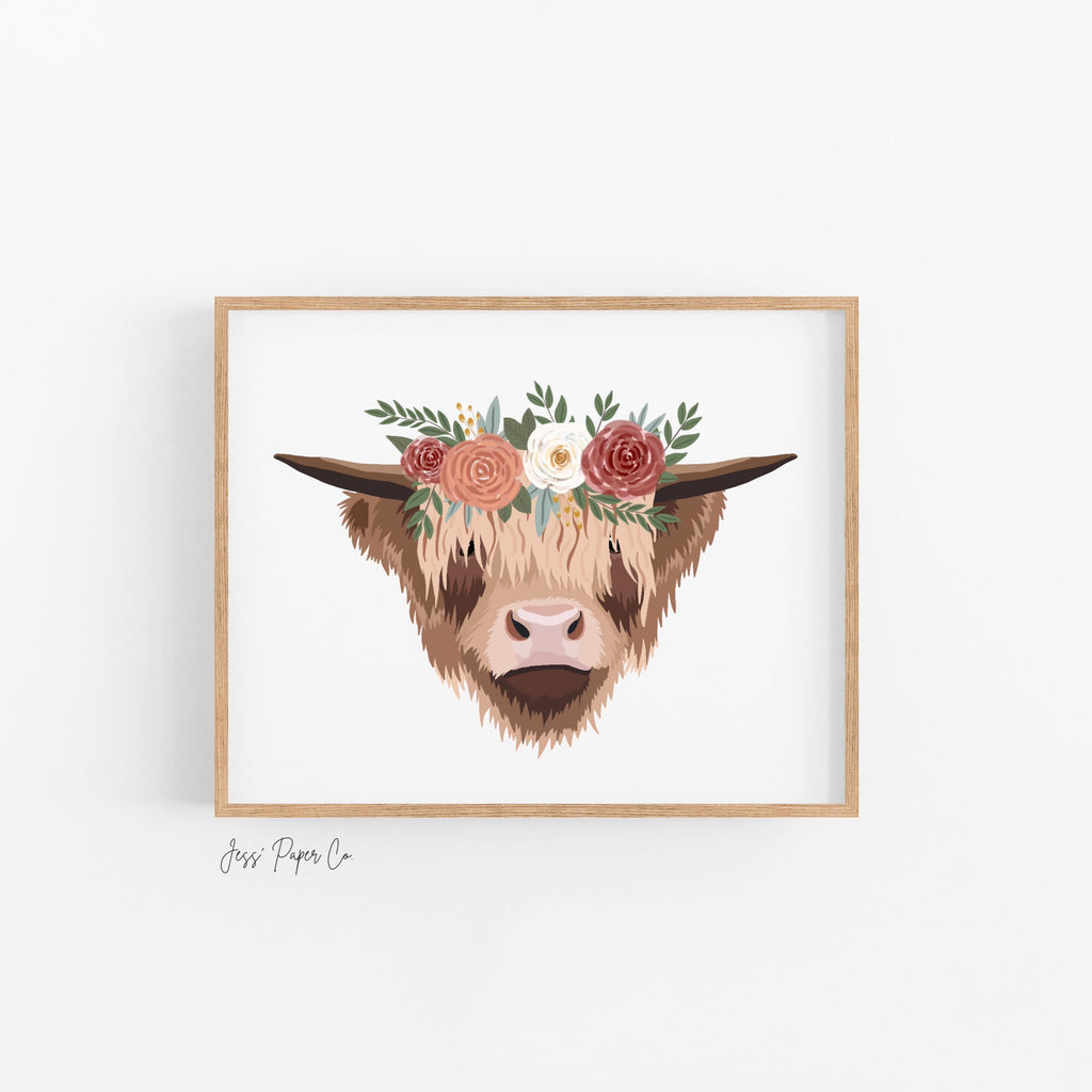 Highland Cow in Floral Crown Print