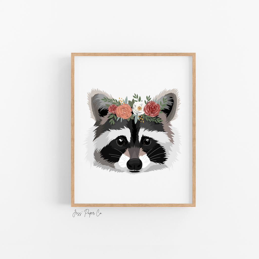 Raccoon In Floral Crown Print